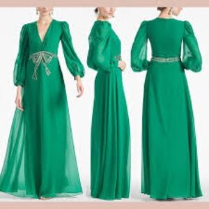 NWT $1k+Sachin & Babi(8)lRamsey Long Sleeve Bow Gown Green Holiday Christmas NYE